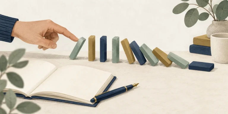 Illustration of a hand tipping dominoes beside an open notebook and a fountain pen.