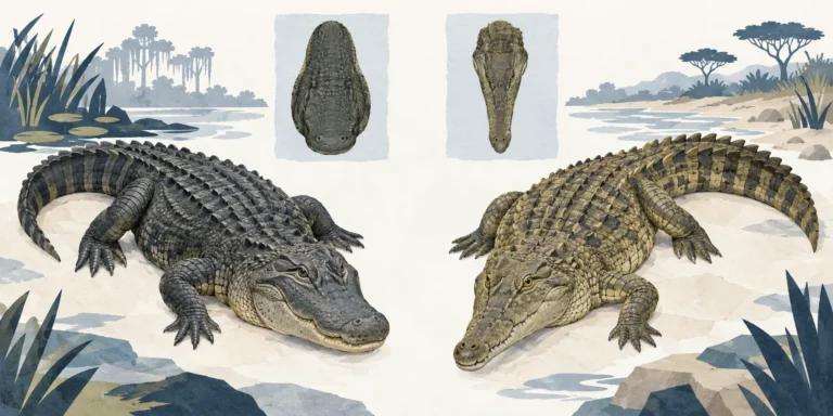 Gouache illustration of a broad-snouted alligator and a narrower-snouted crocodile, with separate overhead views of their heads.