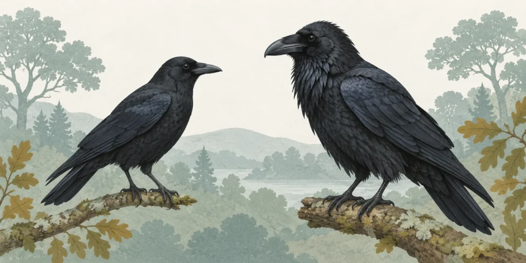 Illustration of a smaller smooth-throated crow beside a larger raven with a heavy bill and shaggy throat feathers.