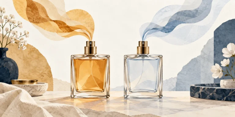 Two unlabelled perfume bottles with amber and blue paper ribbons representing different fragrance impressions.