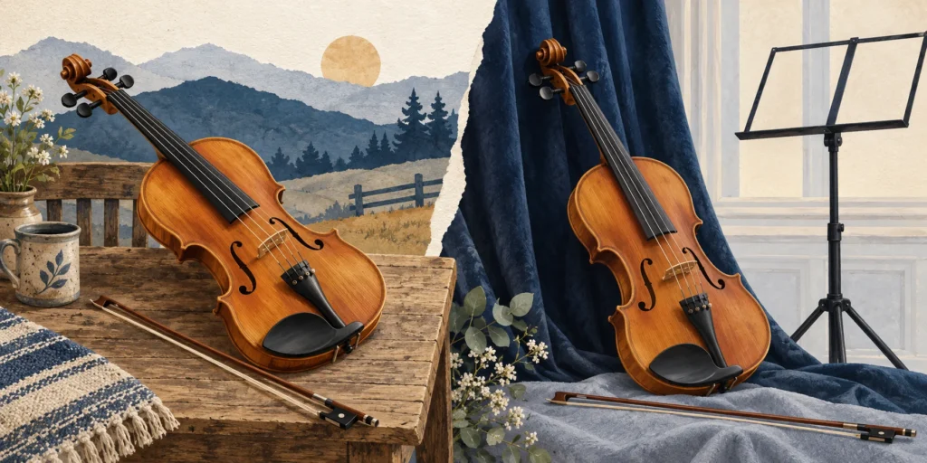 Two four-string acoustic violins and bows in informal folk and quiet recital settings, showing the same basic instrument.