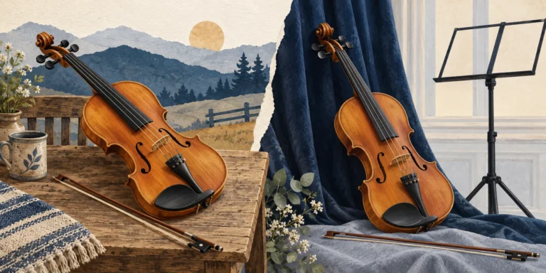 Two four-string acoustic violins and bows in informal folk and quiet recital settings, showing the same basic instrument.