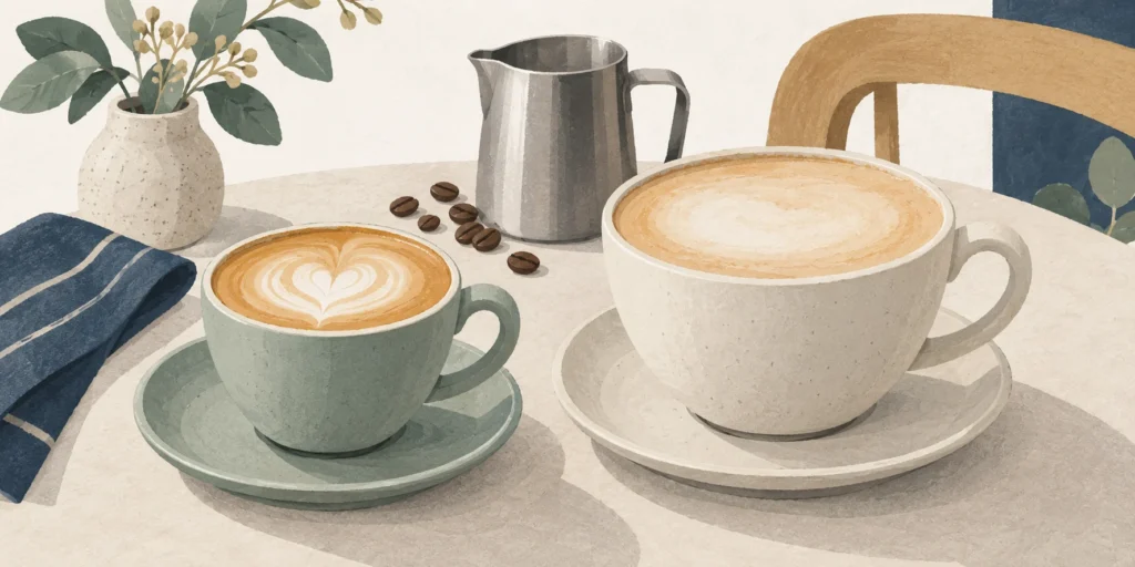 Illustration of a small sage flat-white cup beside a larger pale latte cup and a milk pitcher.