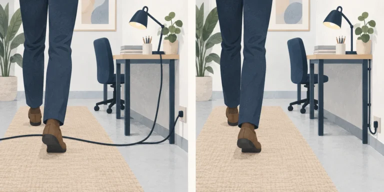 An office walkway shown with a trailing cable across the route and with the same cable routed away from the walkway.