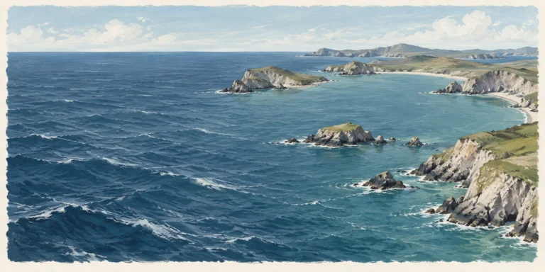 A conceptual coastline showing broad open ocean connected at the same surface level to a smaller region partly surrounded by rocky headlands and islands.