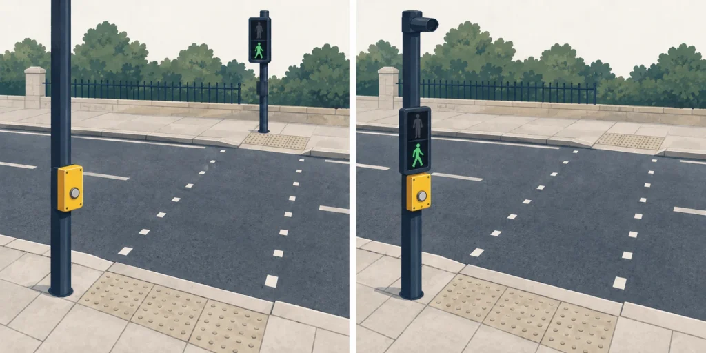 A pelican crossing with a far-side green pedestrian signal beside a puffin crossing with a near-side green signal and a sensor.