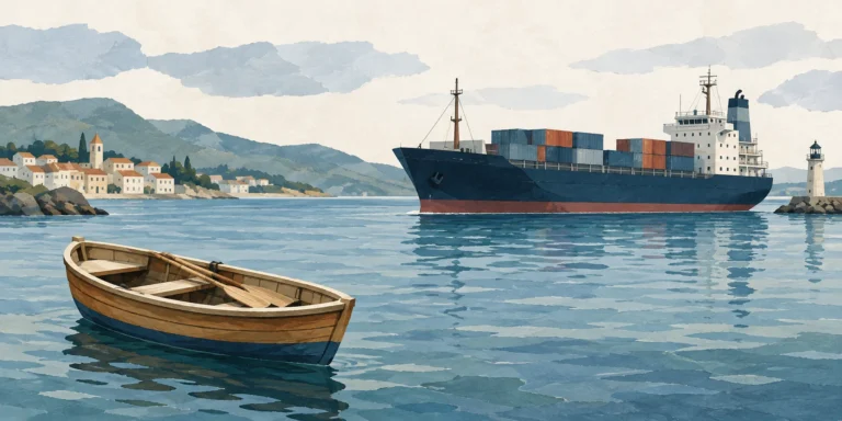 A small open wooden rowing boat in the foreground beside a much larger container ship across calm harbour water.