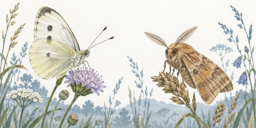 A pale butterfly with club-tipped antennae and upright wings beside a brown moth with feathery antennae and roof-like wings in the same meadow.