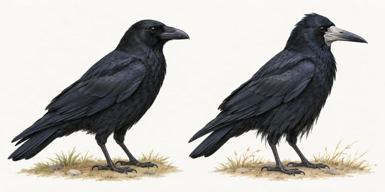 An adult carrion crow with a black feathered face beside an adult rook with a pale bare patch around its bill base.