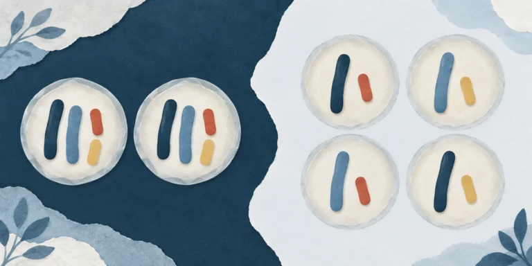 A simplified cell-division outcome model: two cells on the left each contain four chromosome rods; four cells on the right each contain two rods.
