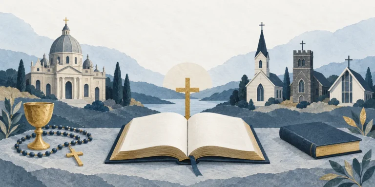 A Catholic church, chalice and rosary beside three Protestant church silhouettes, with a shared open Bible and central cross.