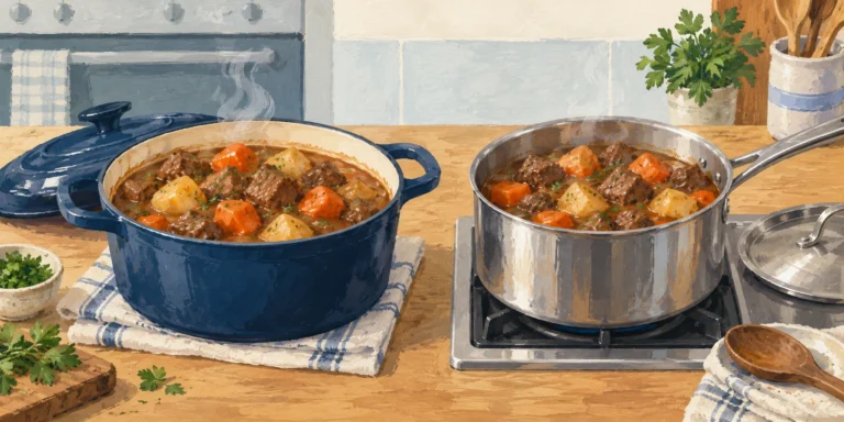 Two similar beef and vegetable dishes in brown gravy: a navy cast-iron casserole near an oven and a stainless-steel saucepan on a hob.