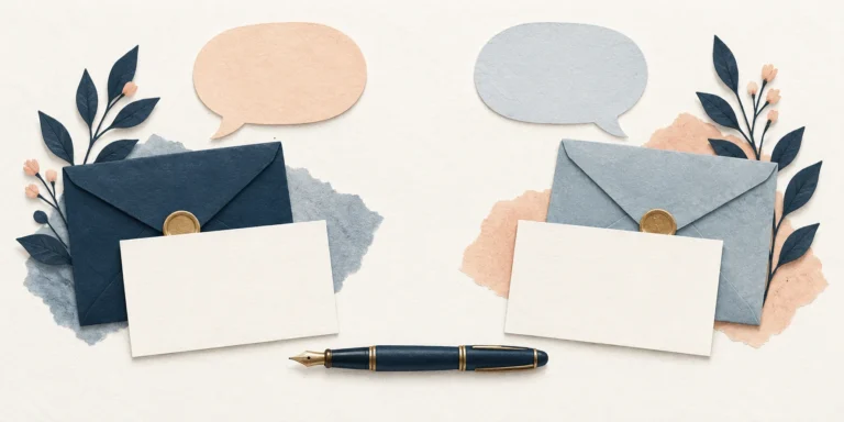 Two blank correspondence cards and envelopes with empty speech bubbles and a pen, representing forms of address.