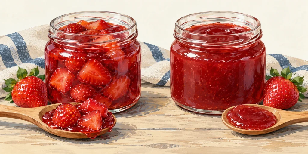 Two plain jars of strawberry spread, one with large fruit pieces and one with a smoother texture, illustrated in matte gouache.