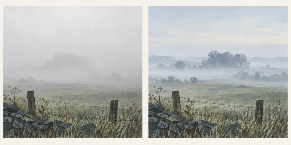 The same rural view twice, with dense fog hiding distant trees on the left and thinner mist revealing them on the right.