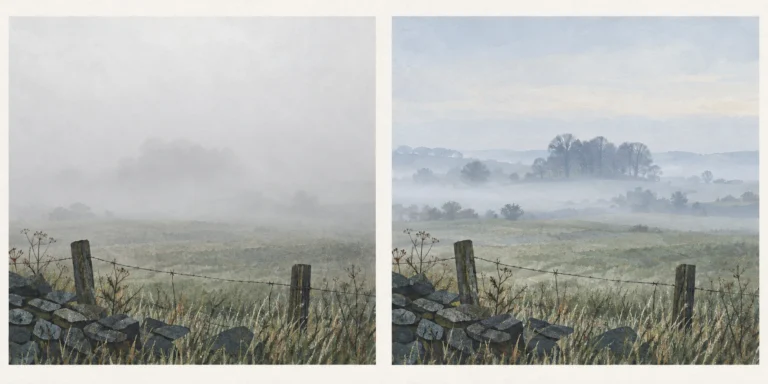 The same rural view twice, with dense fog hiding distant trees on the left and thinner mist revealing them on the right.