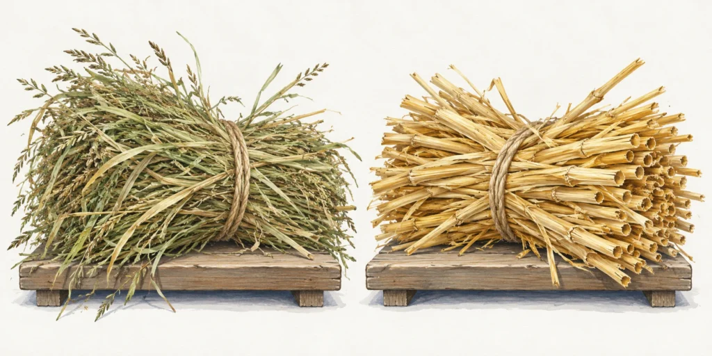 A leafy bundle of fine dried hay beside a separate golden bundle of cut cereal straw with thicker hollow-looking stalks.