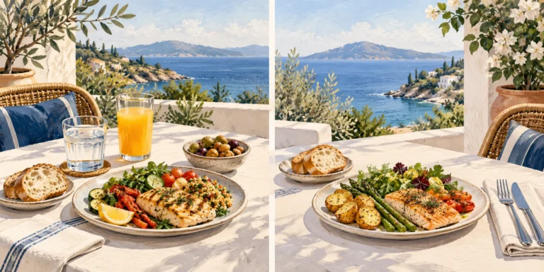 Two comparable resort meals, with selected drinks and a snack bowl beside one meal, illustrating all inclusive and full board arrangements.