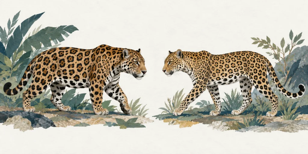 A stocky jaguar with large, centrally spotted rosettes beside a slender leopard with smaller hollow rosettes.