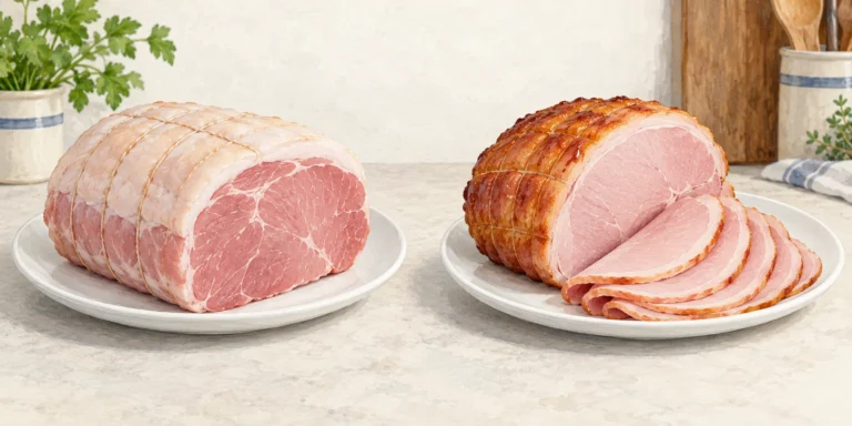 An uncooked cured gammon joint on one plate beside a cooked ham joint and slices on a separate plate, illustrated in matte gouache.