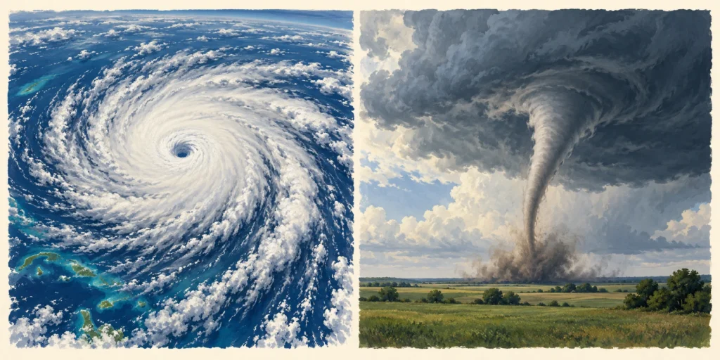 An overhead spiral hurricane over the sea beside a narrow tornado beneath a thunderstorm over land, shown as separate conceptual views.