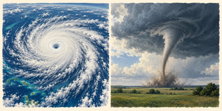 An overhead spiral hurricane over the sea beside a narrow tornado beneath a thunderstorm over land, shown as separate conceptual views.