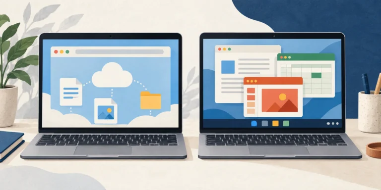 Two unbranded laptops showing a browser-led document workflow and overlapping desktop application windows, without brand logos or text.