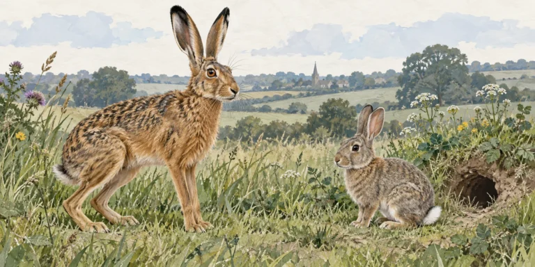 A long-legged brown hare with long black-tipped ears beside a smaller grey-brown wild rabbit with shorter ears near a burrow.