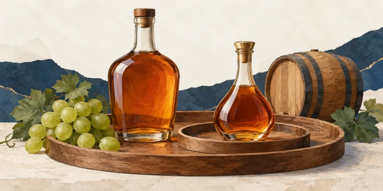 Two unlabelled amber spirit bottles grouped on nested wooden trays, with wine grapes and a small oak barrel suggesting Cognac within the wider brandy family.
