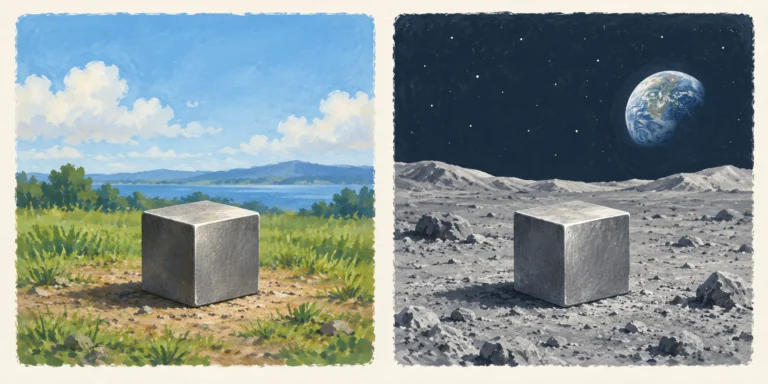 The same-sized metal cube on Earth ground and on grey lunar ground, illustrating unchanged mass in different gravity.