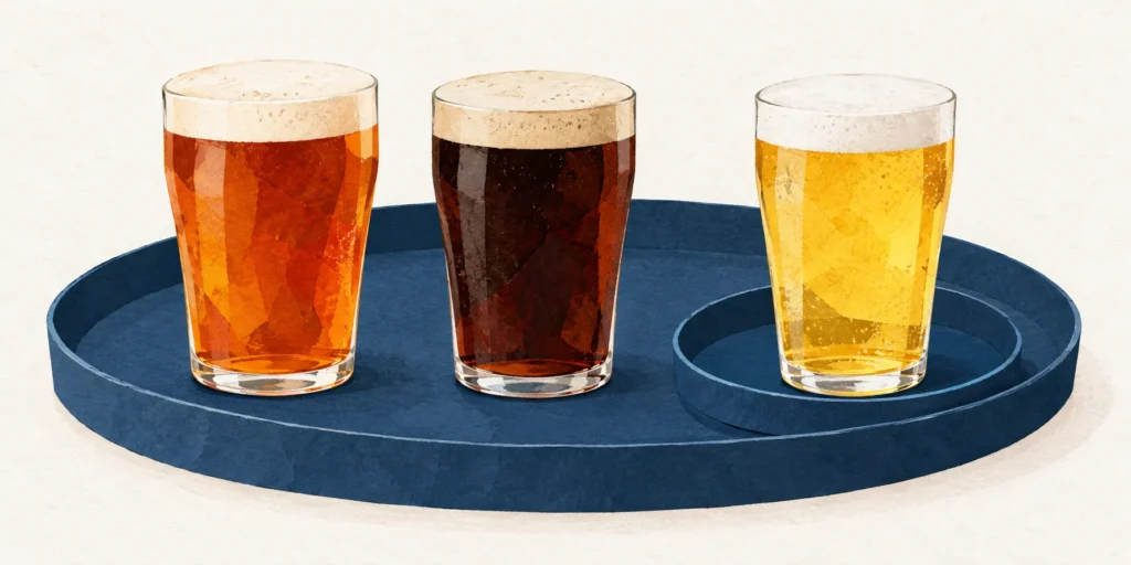 Three glasses of beer on a broad navy tray, with a pale lager glass grouped inside a smaller circle within it.