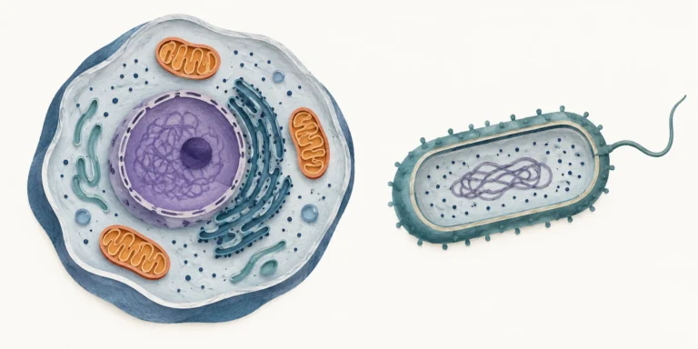 A typical animal cell with an enclosed nucleus and mitochondria beside a rod-shaped bacterial cell with DNA in open cytoplasm and no nucleus; not to scale.