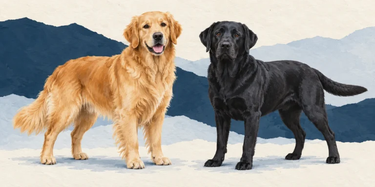 An adult Golden Retriever with a feathered gold coat beside a black Labrador Retriever with a short dense coat and thick tapering tail.