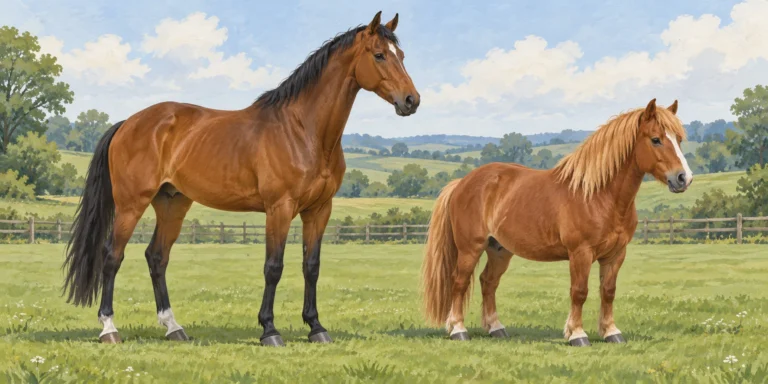 A tall bay adult horse and a smaller, mature chestnut pony standing side by side on the same level paddock ground.