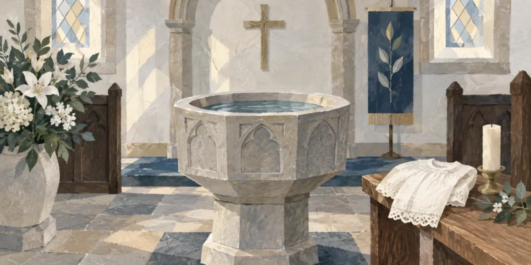 A single stone baptismal font filled with water, beside a folded infant gown and an unlit candle in a softly painted English church interior.