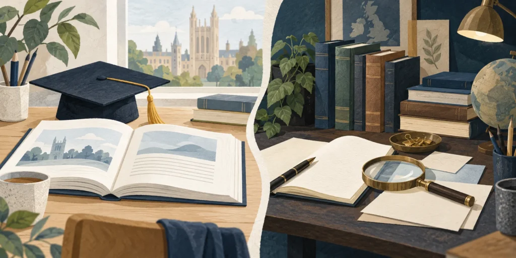An open textbook and graduation cap beside a research desk with books, blank notes and a magnifying glass.