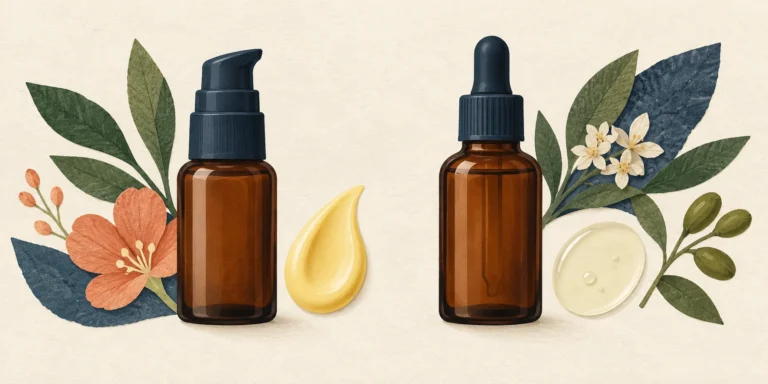 Unbranded amber skincare pump and dropper bottles beside representative yellow emulsion and pale oil swatches.