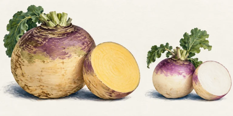 A large purple-topped swede with yellow cut flesh beside a smaller purple-topped turnip with white cut flesh.