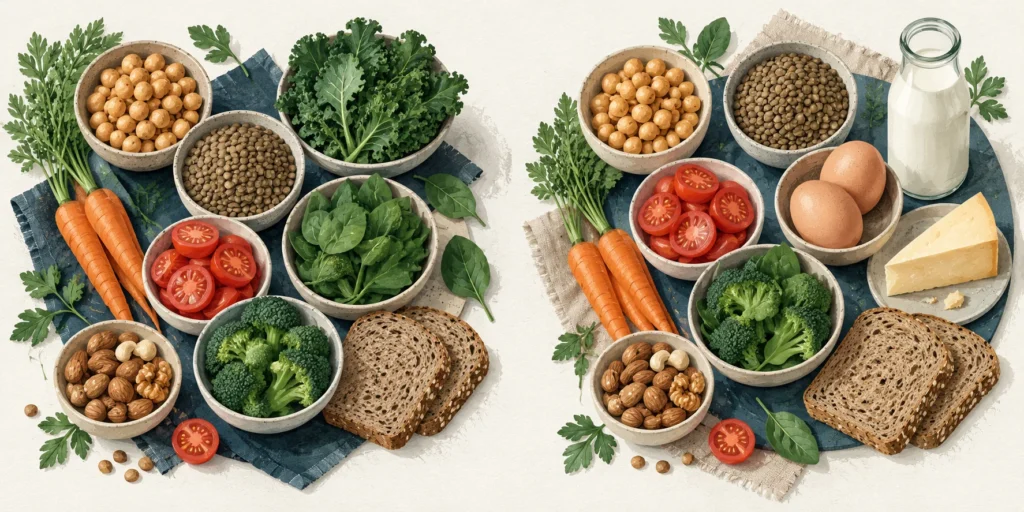 A vegan plate with pulses, vegetables, nuts and bread beside a vegetarian plate with plant foods, eggs, milk and cheese.