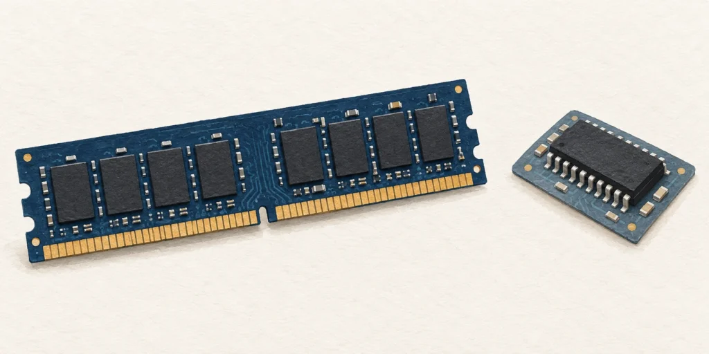 A long RAM DIMM module with gold contacts beside a compact pinned firmware memory chip on a separate circuit-board tile.