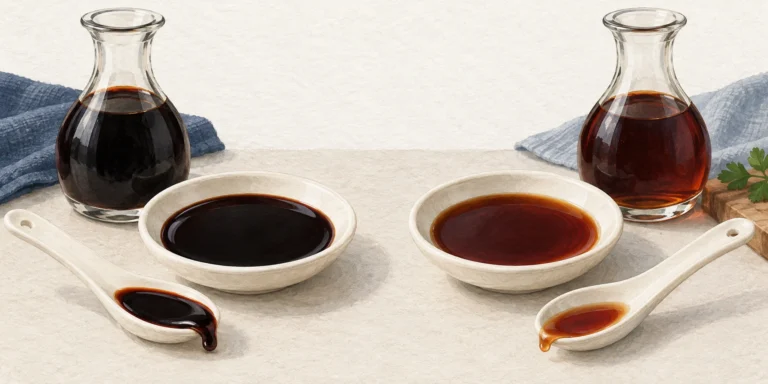 Two unlabelled soy sauce cruets and ivory dishes: very dark brown sauce on the left and more translucent reddish-brown sauce on the right.