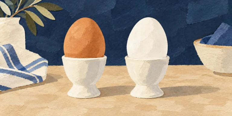 An equally sized brown hen egg and white hen egg standing in matching ivory egg cups against a navy painted background.