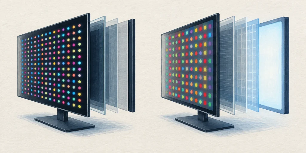 Conceptual OLED self-lit pixel panel beside a conventional QLED LCD panel with a separate blue backlight layer.