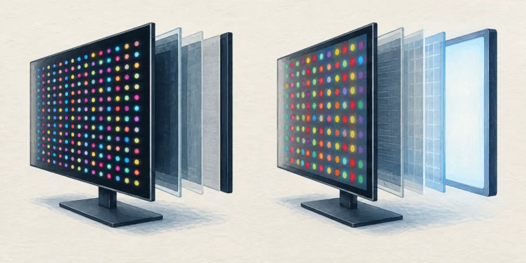 Conceptual OLED self-lit pixel panel beside a conventional QLED LCD panel with a separate blue backlight layer.
