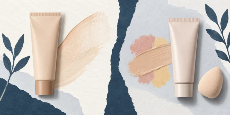Two unbranded cosmetic tubes with beige swatches, one sheer and one shown over muted colour patches.