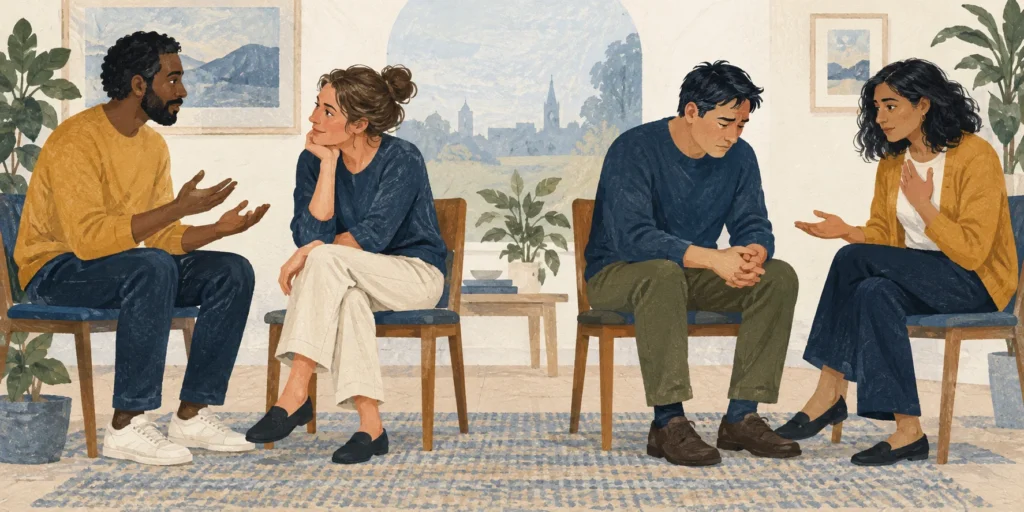 Two equal conversation scenes: attentive listening on the left and a sincere expression of concern towards a disappointed person on the right.