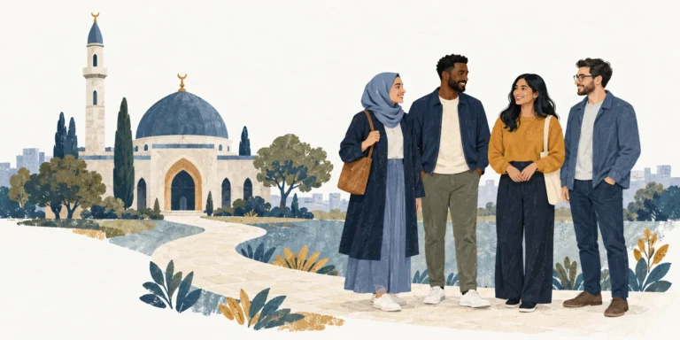 A mosque connected by a path to four diverse adults, illustrating the relationship between Islam as a faith and Muslim people who follow it.