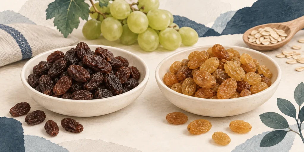 A bowl of dark brown wrinkled raisins beside a bowl of honey-golden wrinkled sultanas, with green grapes in the background.