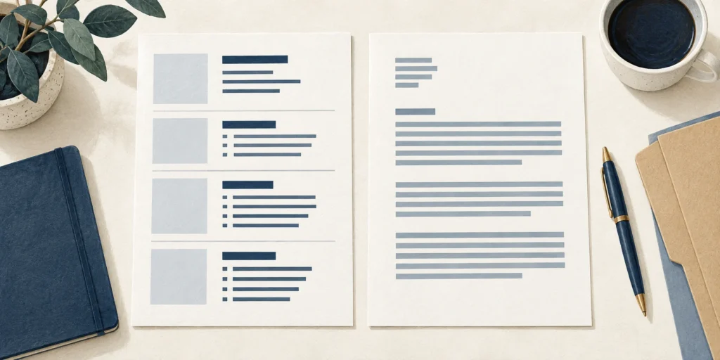 A structured CV-style sheet with grouped abstract sections beside a cover-letter-style sheet with three paragraph groups, without readable personal information.