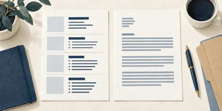 A structured CV-style sheet with grouped abstract sections beside a cover-letter-style sheet with three paragraph groups, without readable personal information.